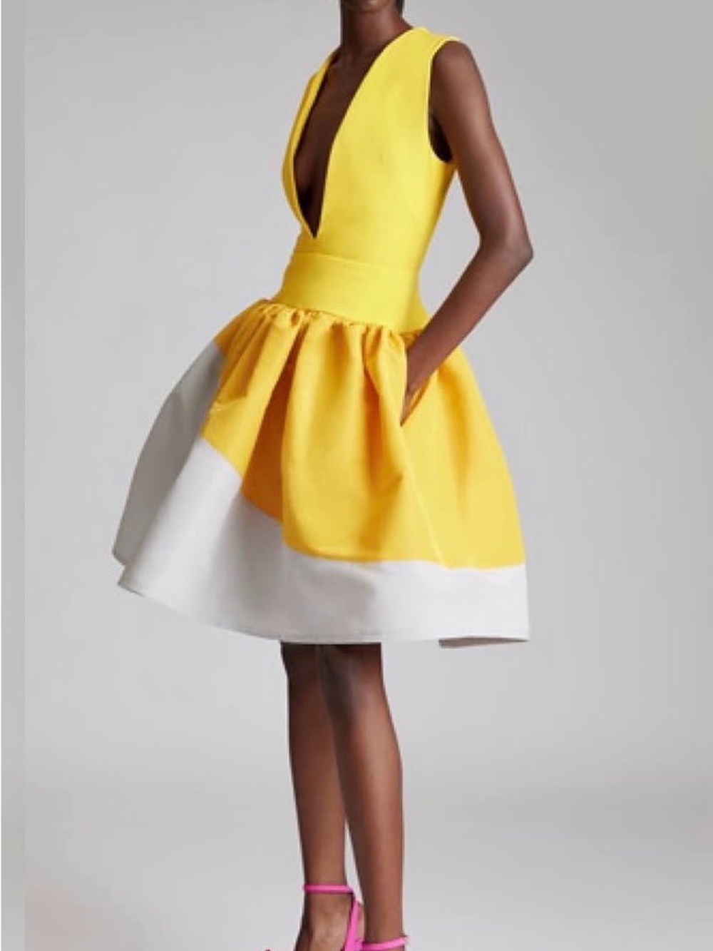 Plunging V-Neck Yellow & White Mini Dress